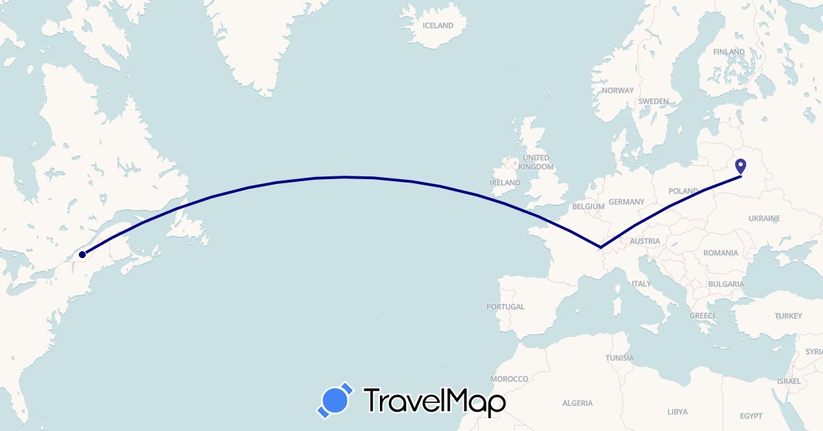 TravelMap itinerary: driving in Belarus, Canada, Switzerland (Europe, North America)